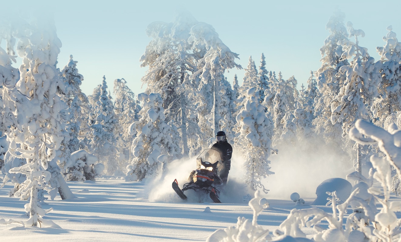 A man is riding his Lynx Commander Snowmobile Model throught the snowy forest 