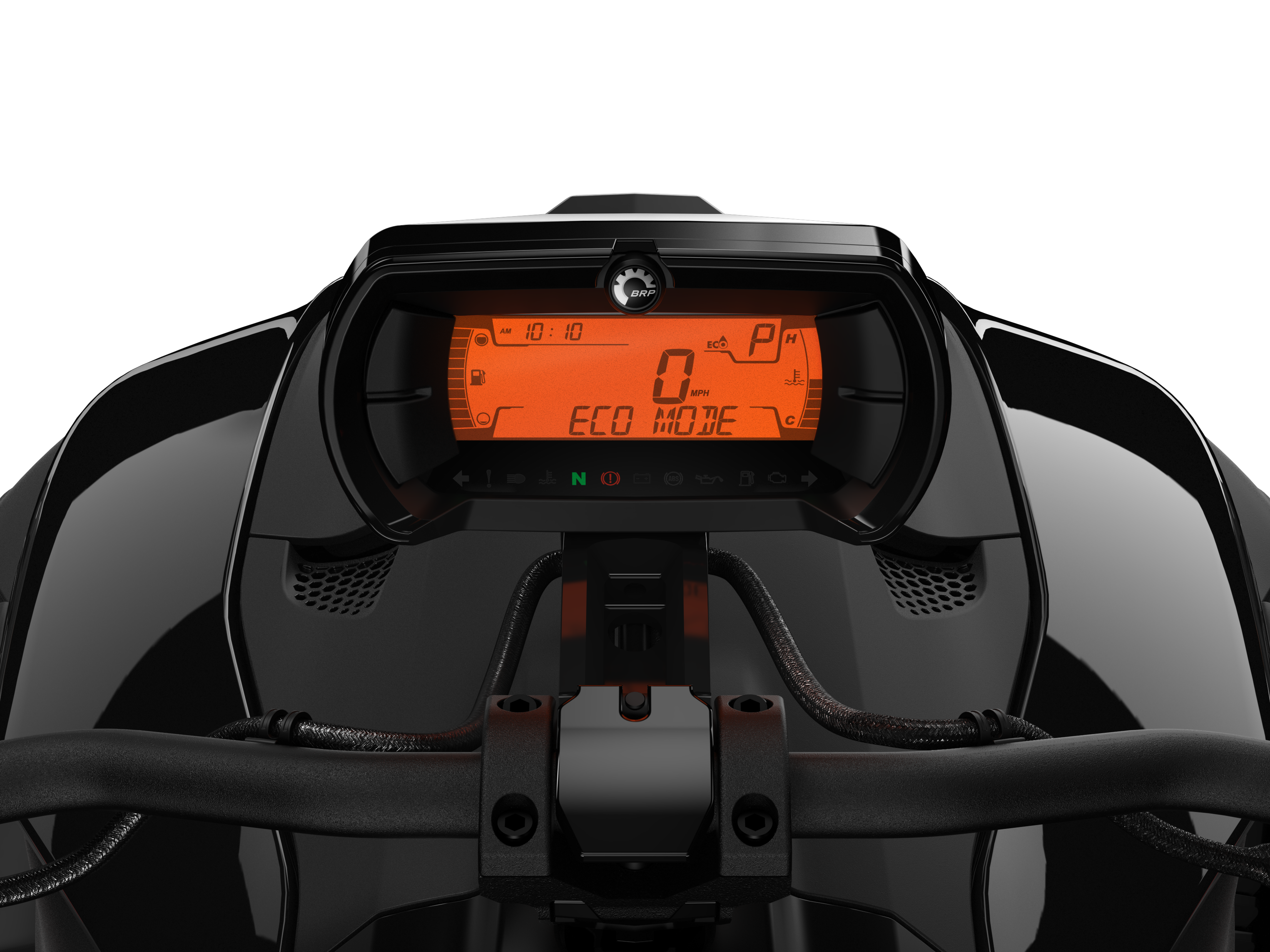 A Can-Am Ryker jármű konzoljának vezetőülésének nézete aktiválva az Eco Mode Smart Assist funkcióval
