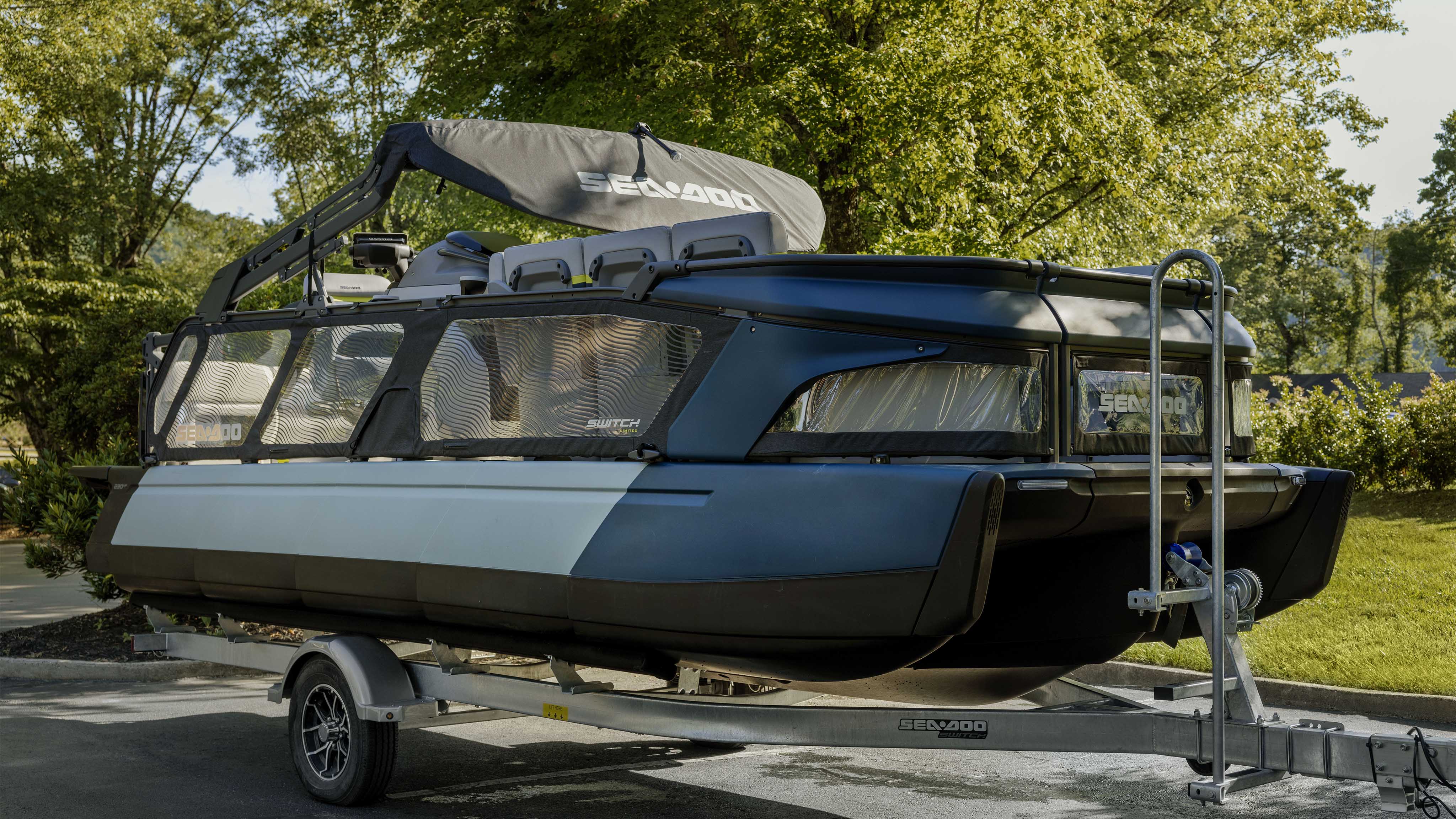 Sea Doo Switch Pontoon boat on a trailer