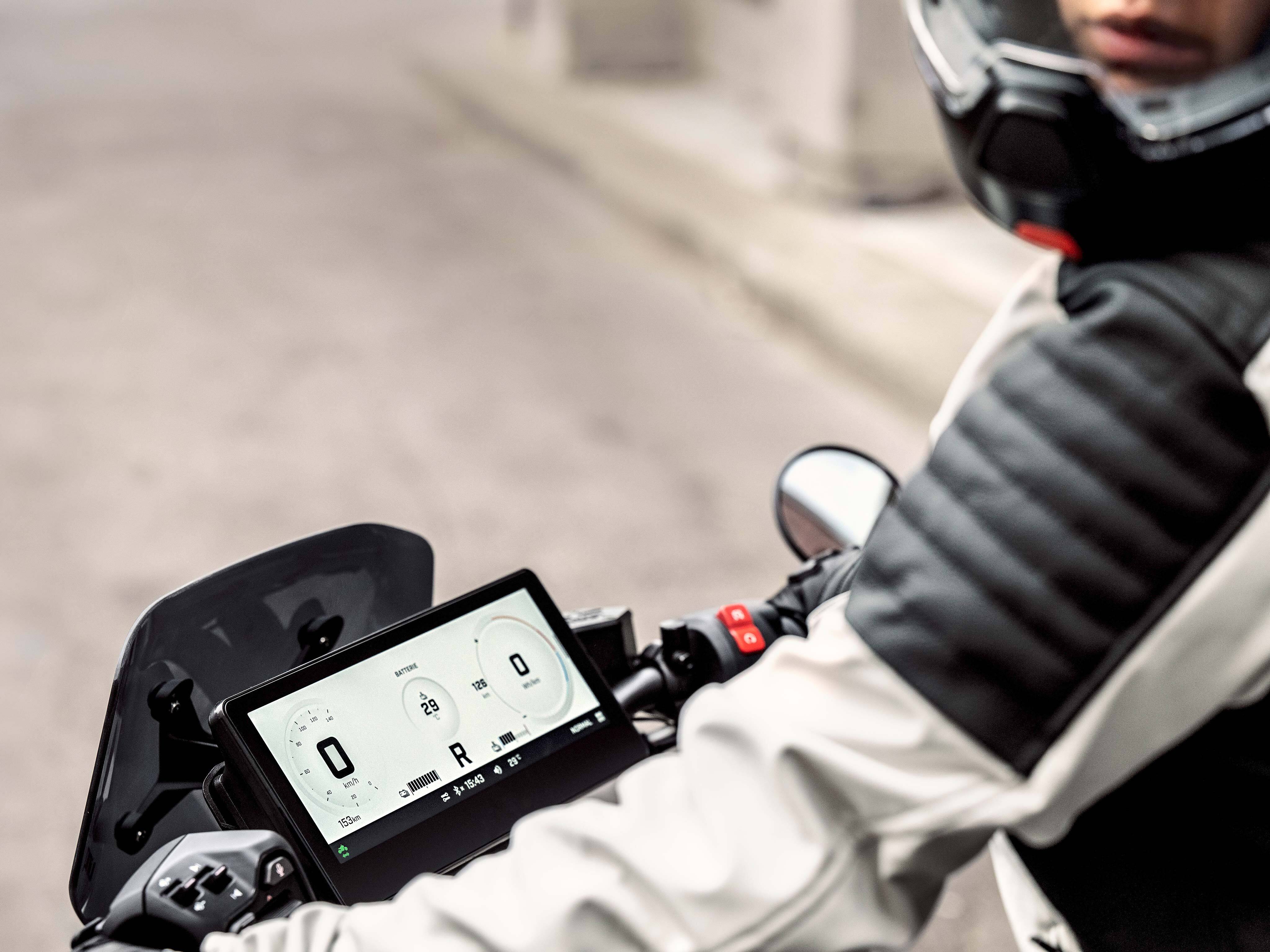 A rider using the reverse function on his Can-Am electric motorcycle