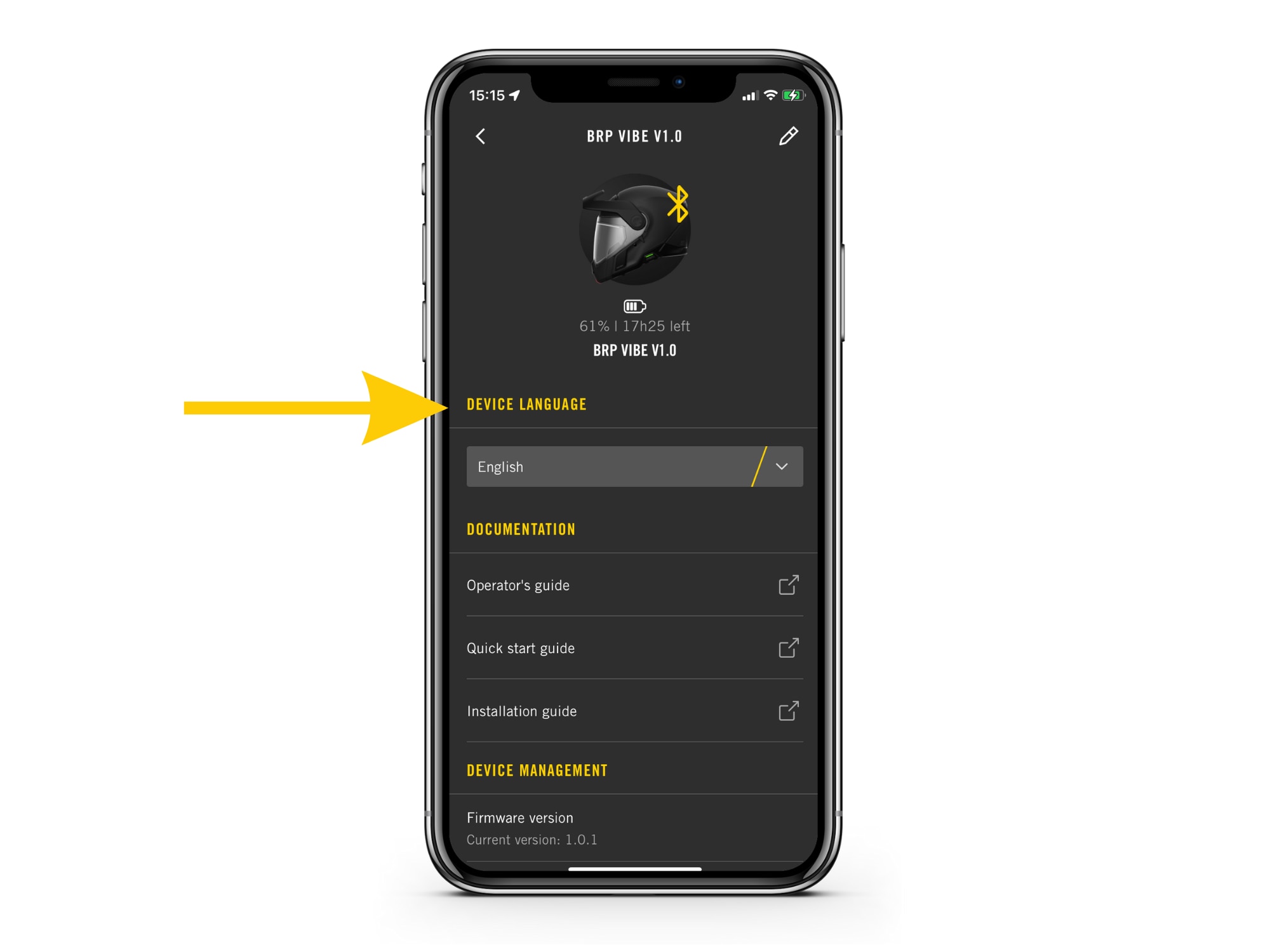 Die BRP GO! App zeigt den Vibe Geräte-Bildschirm für die Spracheinstellung an