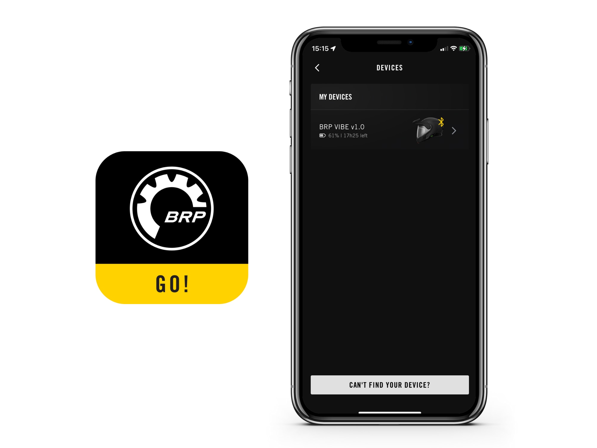 Die BRP GO! App zeigt den Geräte-Bildschirm für das Vibe Kommunikationssystem an