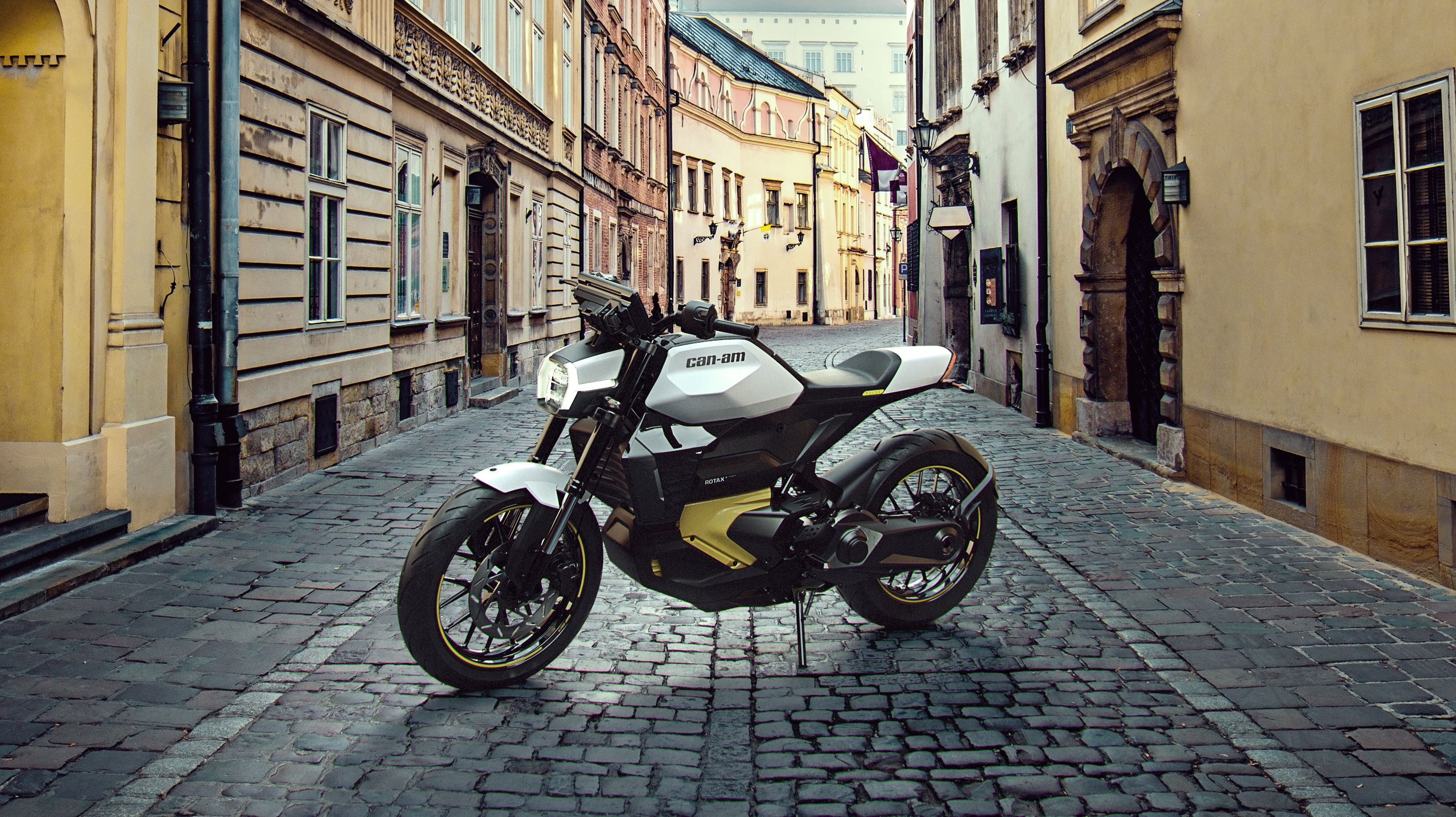 Can-Am Pulse, moto électrique sur un arrière-plan urbain