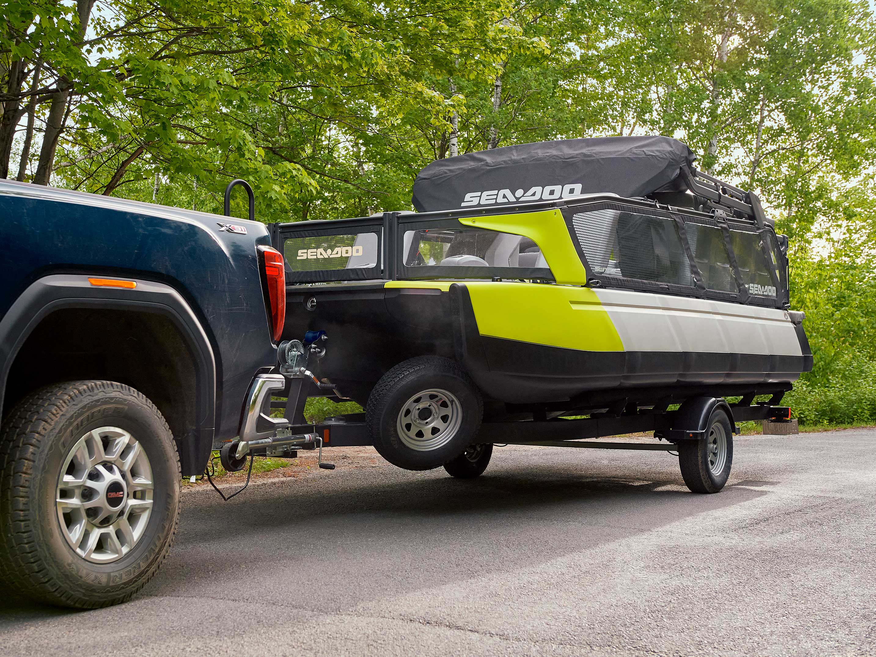 Sea-Doo Switch pontoon boat on a trailer