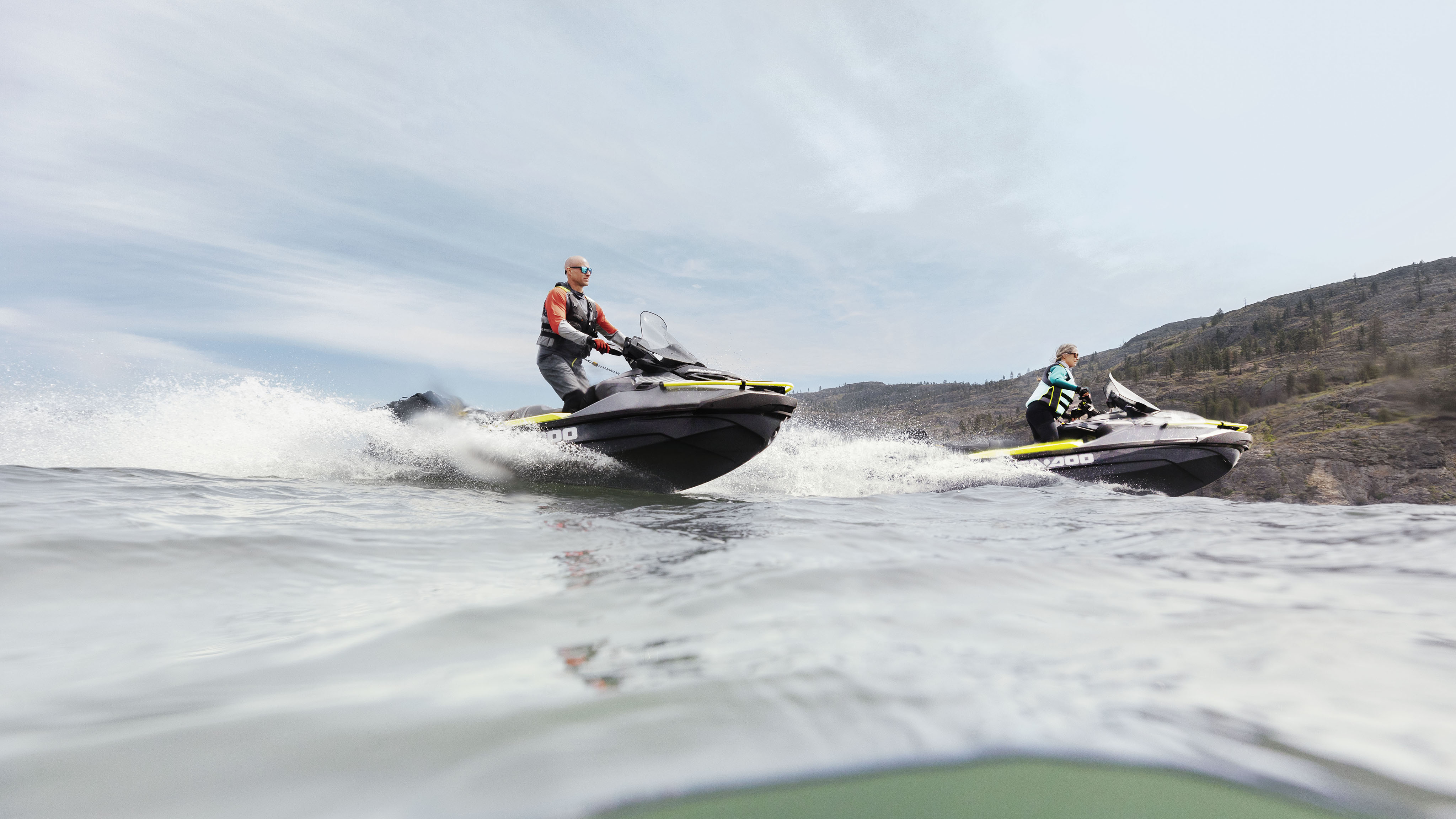 Two riders driving the new Sea-Doo Explorer Pro 